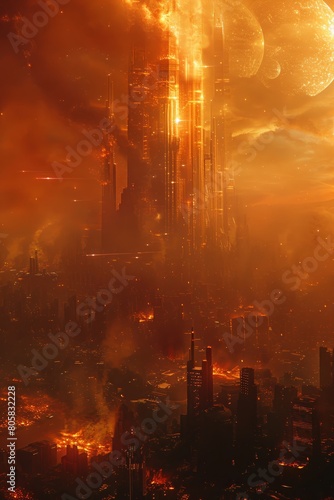 An advanced metropolis ablaze  serving as a poignant symbol of the pressing environmental emergency.