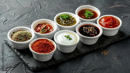 Assorted colorful spices and condiments in white bowls on dark background