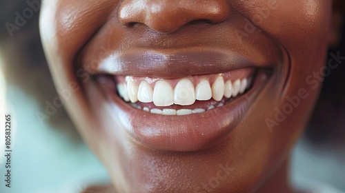 Close-up of smiling dark-skinned young adult showing white teeth