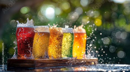 food magazine style, cold draft beers with a variety of flavors and colors, splashing creating a cold and delicous look, in glasses in a row, placed on a wooden dish, placed on a white table outdoor,  photo