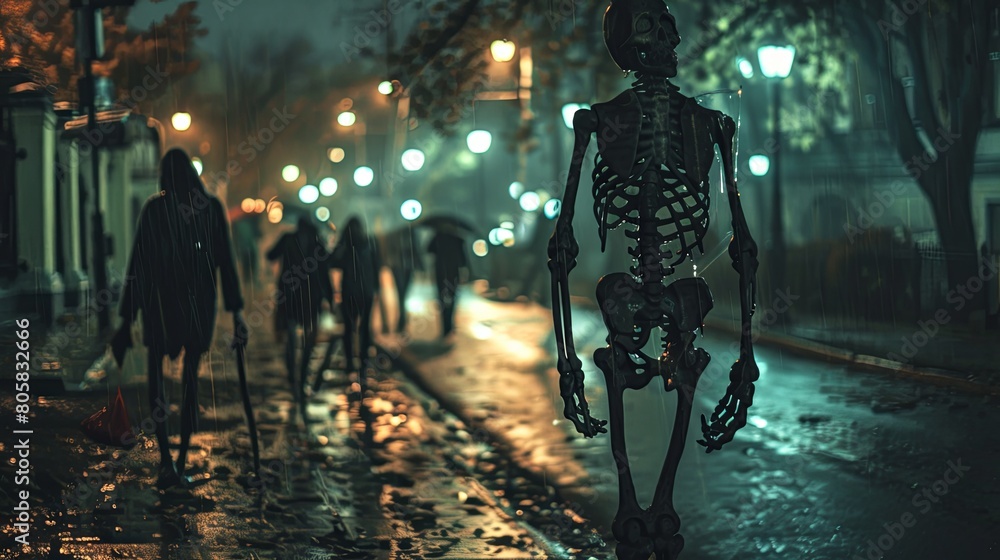 Mysterious skeleton on rainy city street at night