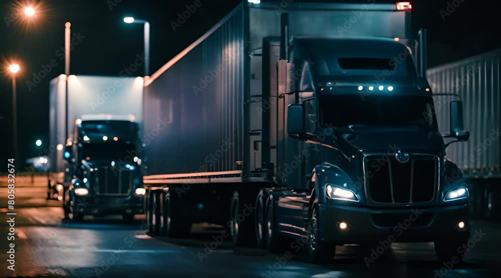 Blue Semi-Truck Finds Respite Among Weary Drivers in an Overnight Parking Lot.
Blue Semi-Truck Finds Respite Among Weary Drivers in an Overnight Parking Lot.