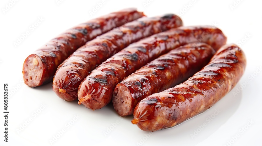 bbq sausages on white background. Generative Ai