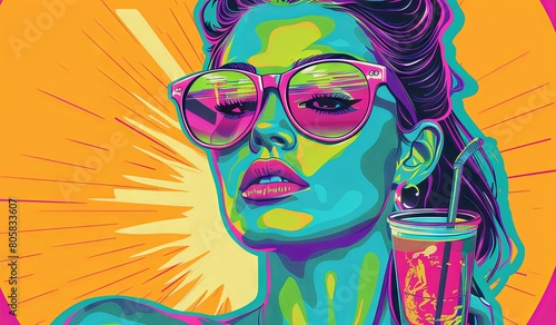 Vibrant pop art portrait of a young white woman with sunglasses and drink