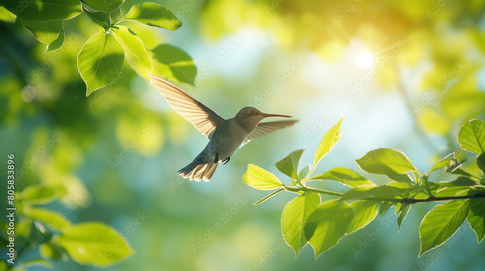 Obraz premium A promotional poster for the summer season with a light blue sky and green leaves, a light background, with subtle sun rays shining through the trees, a hummingbird flying around, a sense of calmness 