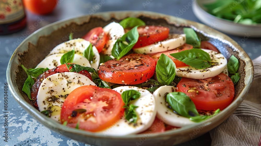 A bowl with traditional Italian caprese salad. Generative Ai A bowl with traditional Italian caprese salad. Generative Ai