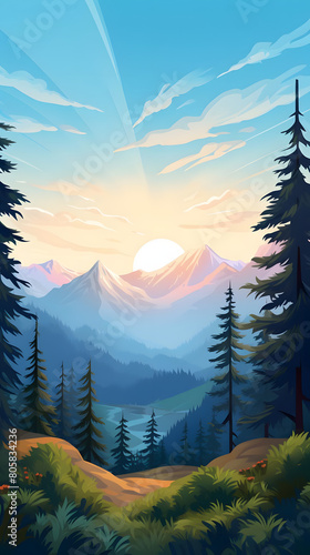 celestial canopy, morning sun peeking through pine boughs, mountain majesty unfolding