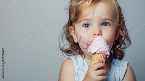 copy space  stockphoto  cute little toddler with melting icecream. Portrait of a cute toddler eating an ice cream. Summer theme  Summer is comming. Cute child portrait.