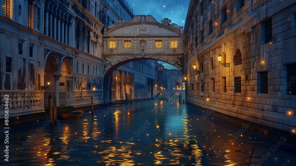 Famous places in Venice: the Bridge of Sighs at night. 8K
