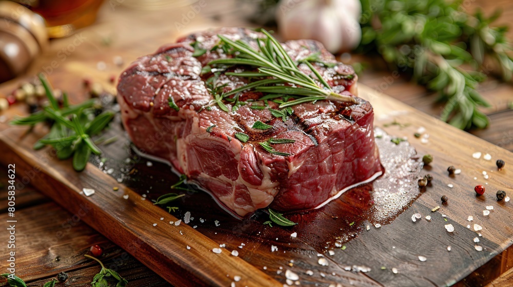 A steak on a cutting board with herbs and spices. Generative Ai