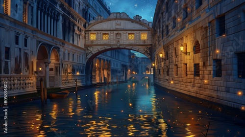 Famous places in Venice: the Bridge of Sighs at night. 8K