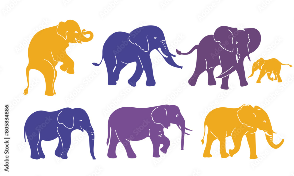 Naklejka premium Set colored silhouettes of elephants. Vector illustration on a white background