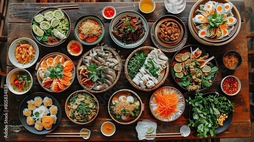 A wooden table full of Vietnamese traditional dishes . Generative Ai photo