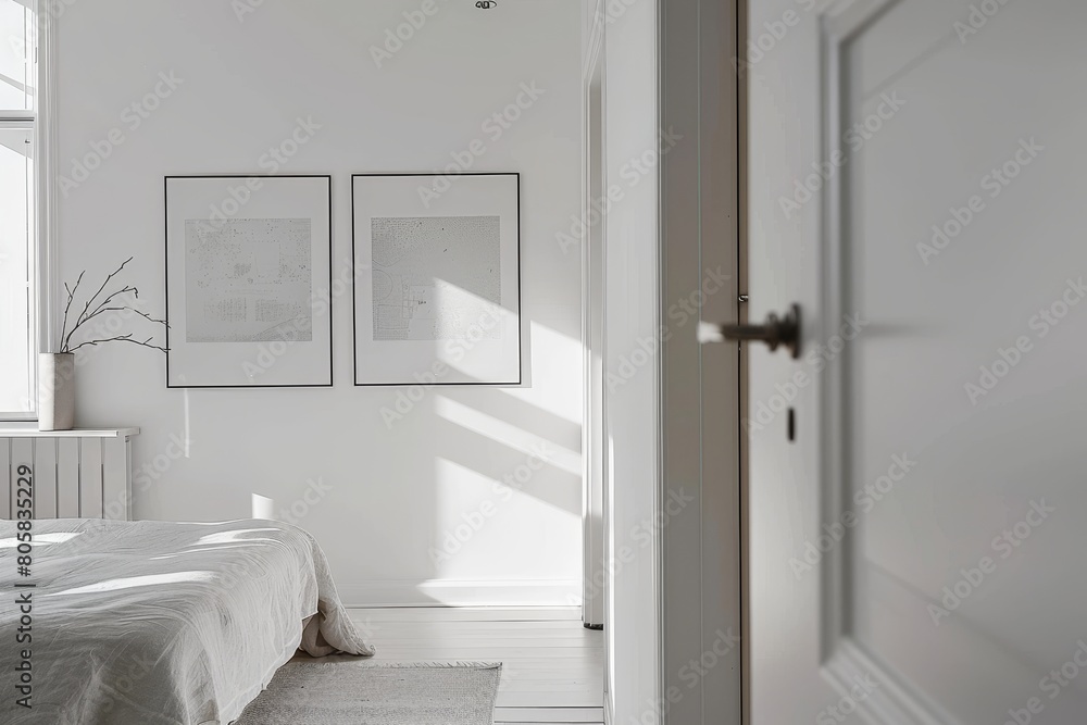 Modern minimalist bedroom on the white background, interior design room tour. Modern minimalist bedroom on the white background, interior design room tour.