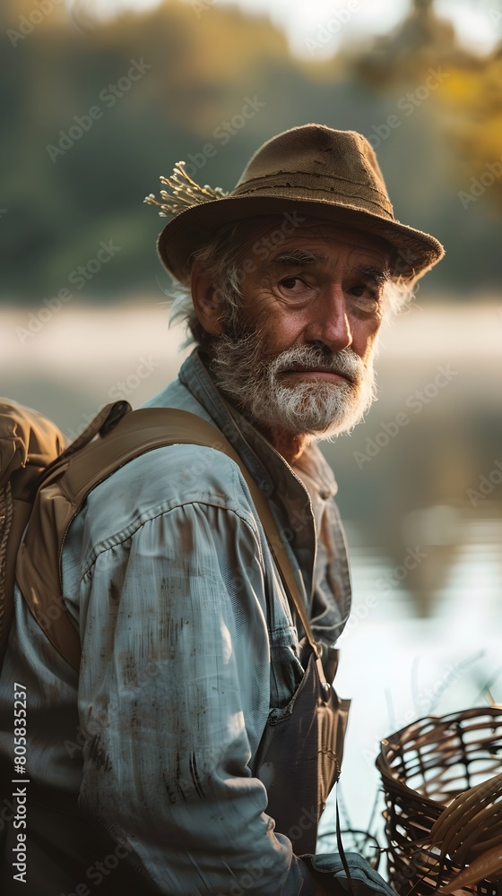 Peaceful Lakeside Moment with Weathered Fisherman and His Catch