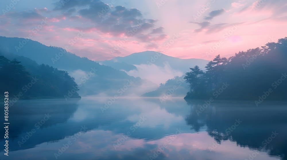 Serene Mountain Lake at Dawn with Mist Rising Gently Over the Calm Waters Serene Mountain Lake at Dawn with Mist Rising Gently Over the Calm Waters