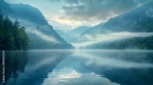 Serene Mountain Lake at Dawn with Mist Rising Over the Calm Waters © Thares2020