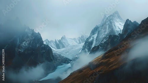 Majestic Snow Capped Mountains with a Flowing Glacier in the Misty Wilderness