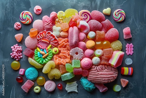 iabetes alert day, diabetes concept, Illustration of a brain made from sweet colorful candies and jellies,risk for obesity and diabetes, unhealthy food and lifestyle