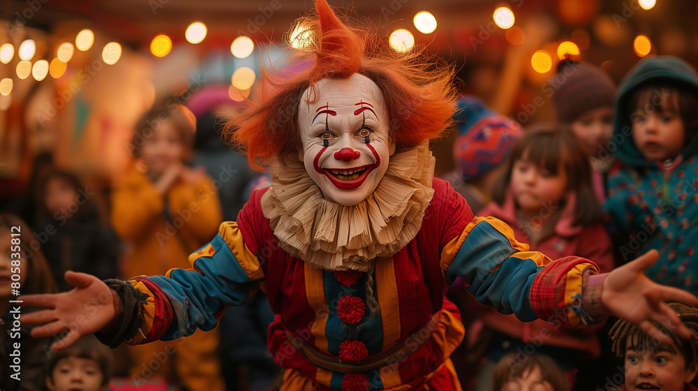 an enthusiastic clown in the middle of a birthday event, attended by a group of children watching enthusiastically, Ai generated Images