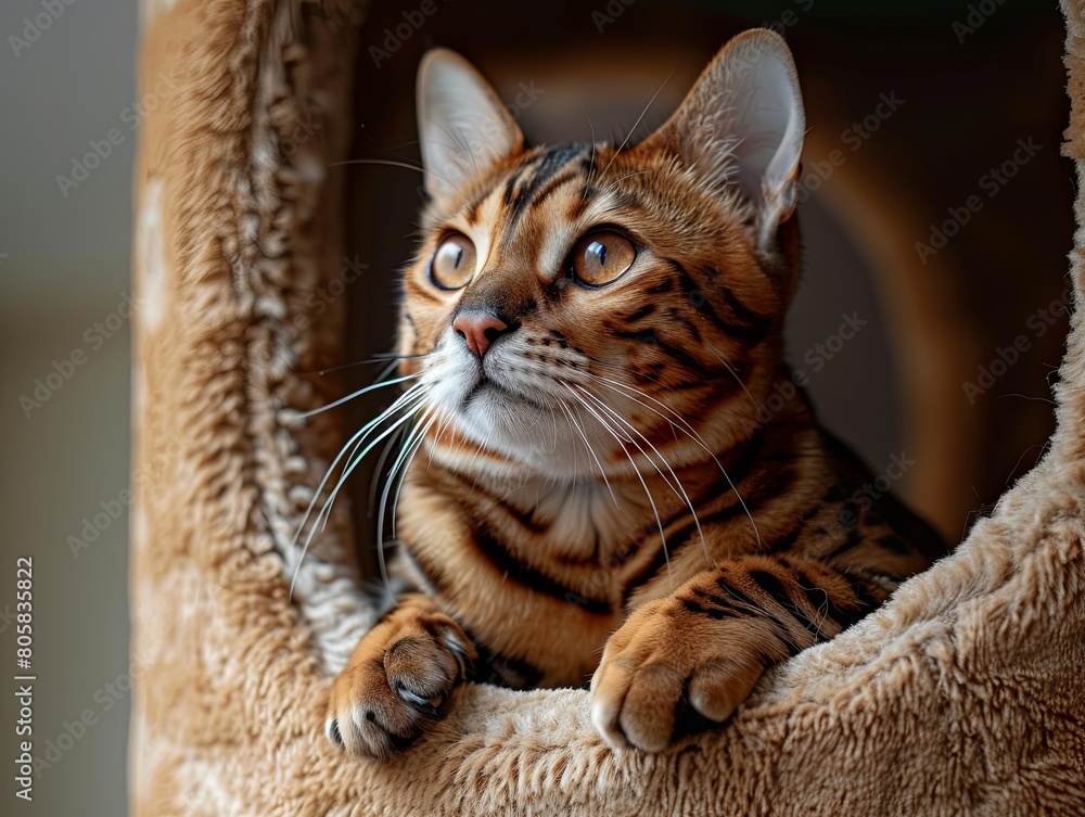 A Bengal cat with striking markings sits attentively on a cat tower, cat tree