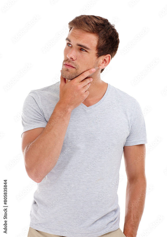 Man, thinking of ideas and inspiration for future decision, insight and problem solving with vision on white background. Brainstorming, mindfulness and question in studio, curiosity or wonder Man, thinking of ideas and inspiration for future decision, insight and problem solving with vision on white background. Brainstorming, mindfulness and question in studio, curiosity or wonder