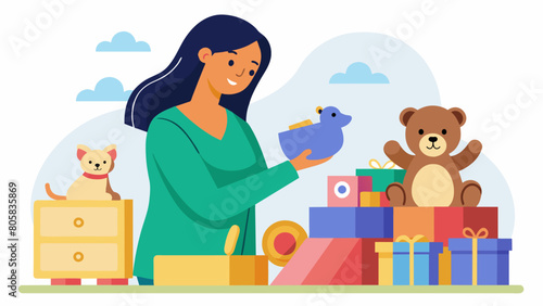 A mother carefully inspects a collection of toys at a childrens consignment sale searching for the perfect gift for her sons upcoming birthday.. Vector illustration