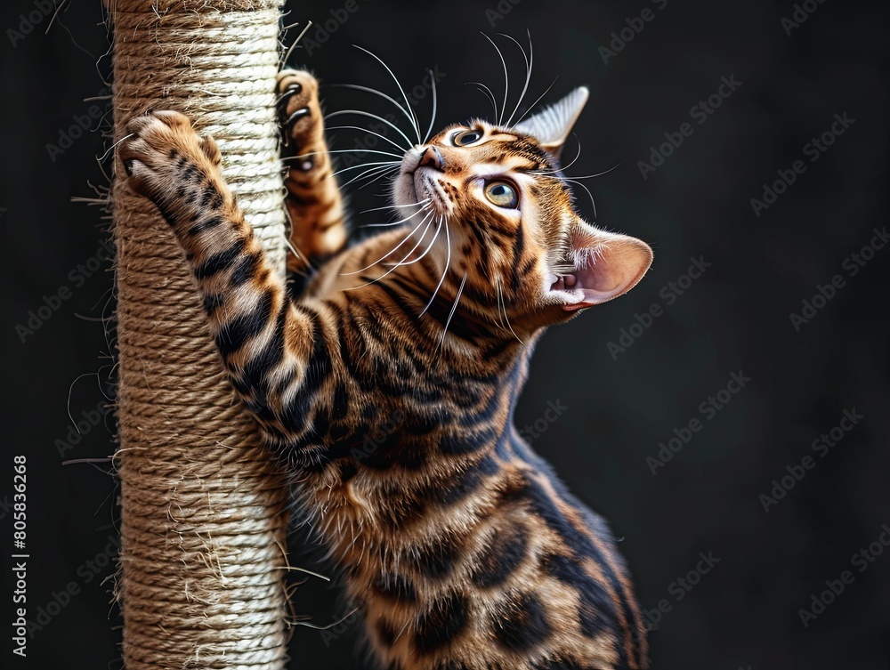 A Bengal cat with striking markings sits attentively on a cat tower, cat tree