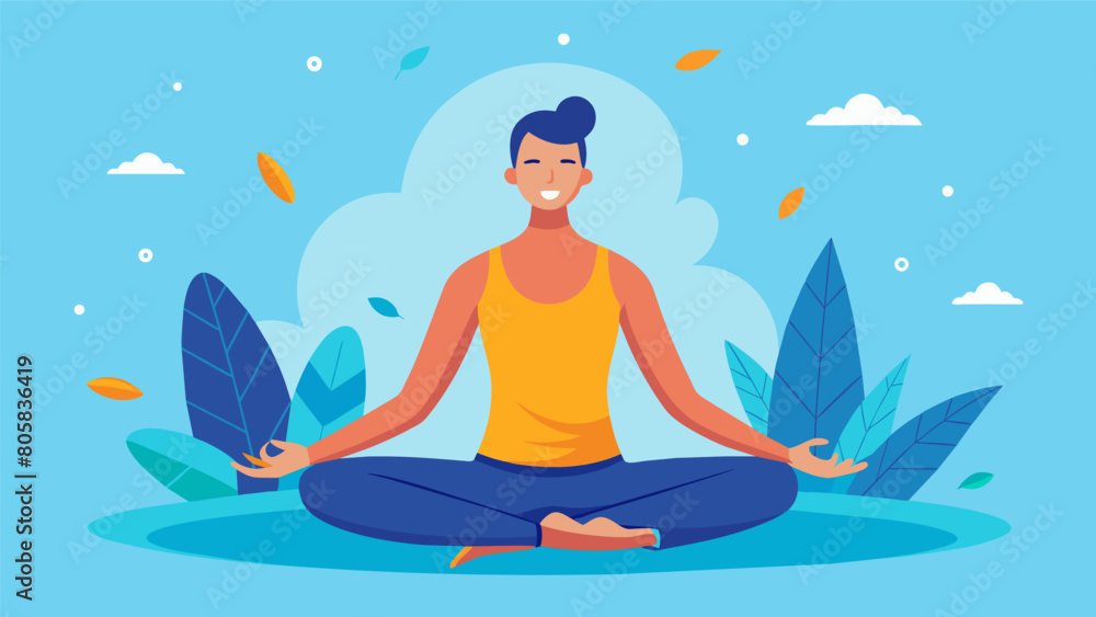 A mindful stretch session focusing on deep breathing and gentle movements to release stress and tension in the body.. Vector illustration