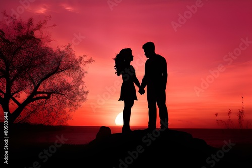 Couple silhouette holding hands in front of pink sky with hearth shapes.