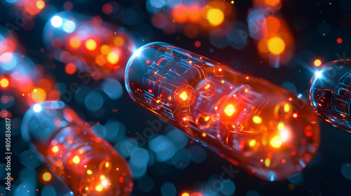 An artistic depiction of advanced medicine technology, this image showcases glowing capsules in mid-air with dynamic motion and bright, vibrant colors against a dark background. photo