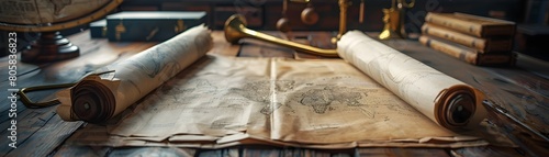 Antique Map Maker s Studio with Rolled Parchments and Brass Instruments Vintage Aesthetics Concept with Copy Space photo