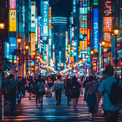 Bustling Neon Lit Tokyo Street Scene with Crowded Sidewalks and Vibrant Shops © Thares2020