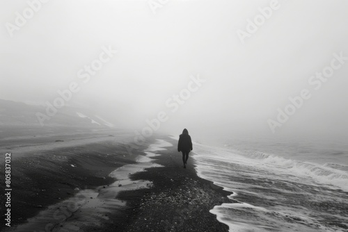 A person is walking on a beach in the fog