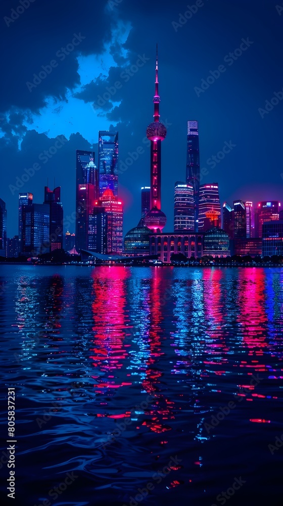 Obraz premium Dazzling Nighttime Skyline of Shanghai s Iconic Skyscrapers and Riverfront Reflections