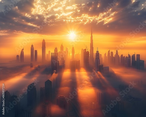 Dramatic Sunset Casting Golden Light over the Skyscrapers of Dubai s Iconic Skyline