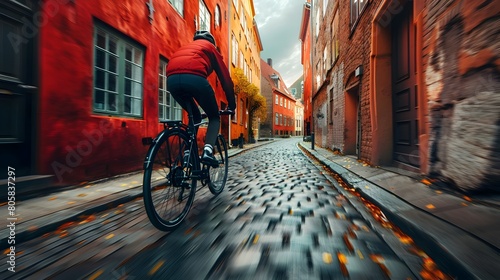 Cyclist Speeding Through Quaint Copenhagen Alley with Historic Architecture photo