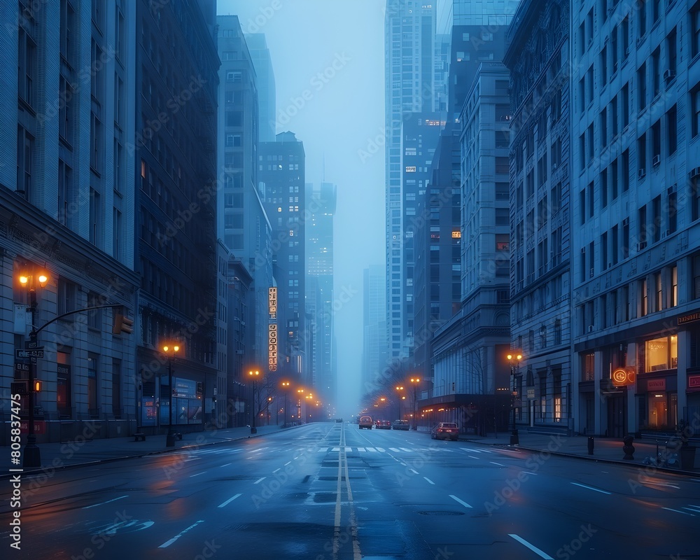 Fototapeta premium Tranquil Dawn in Deserted Manhattan Street Rare Peaceful Moment in Bustling City