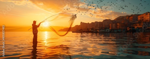 Fisherman Casting Net at Sunrise in Picturesque Mediterranean Coastal City photo