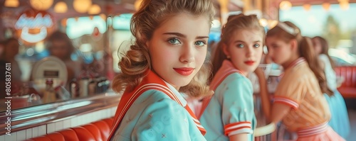 Retro 1950s Soda Shop Gathering with Teenagers in Vintage Fashion photo
