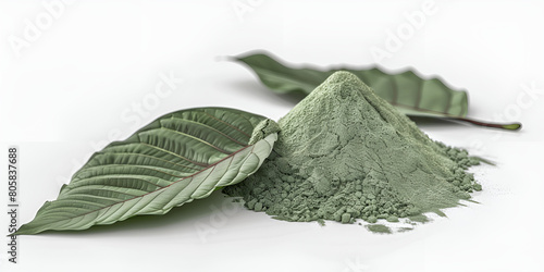 Kratom powder and leaves on a white background photo