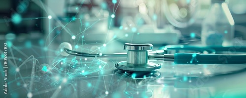 A medical instrument is shown in a blue and green color scheme. The instrument is a stethoscope, and it is surrounded by a web of lines. Concept of technology and innovation
