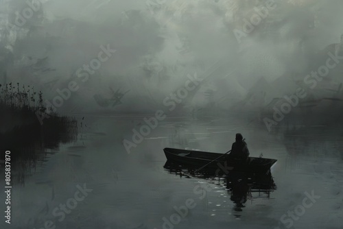 A man is sitting in a boat on a lake