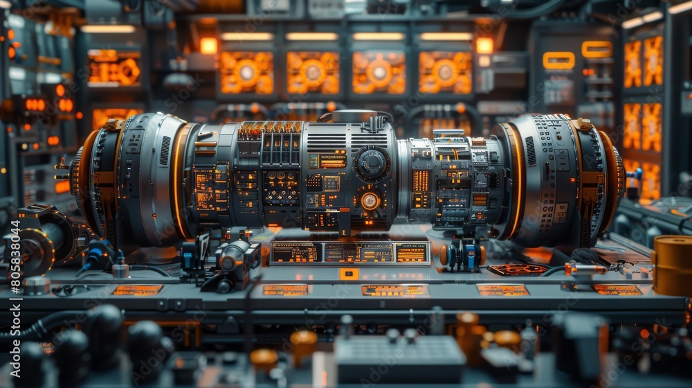 High-tech and detailed aerospace component factory with jet engines and precision tools High-tech and detailed aerospace component factory with jet engines and precision tools