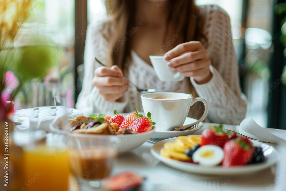 Woman savoring a nutritious breakfast in a charming restaurant on a delightful morning Woman savoring a nutritious breakfast in a charming restaurant on a delightful morning