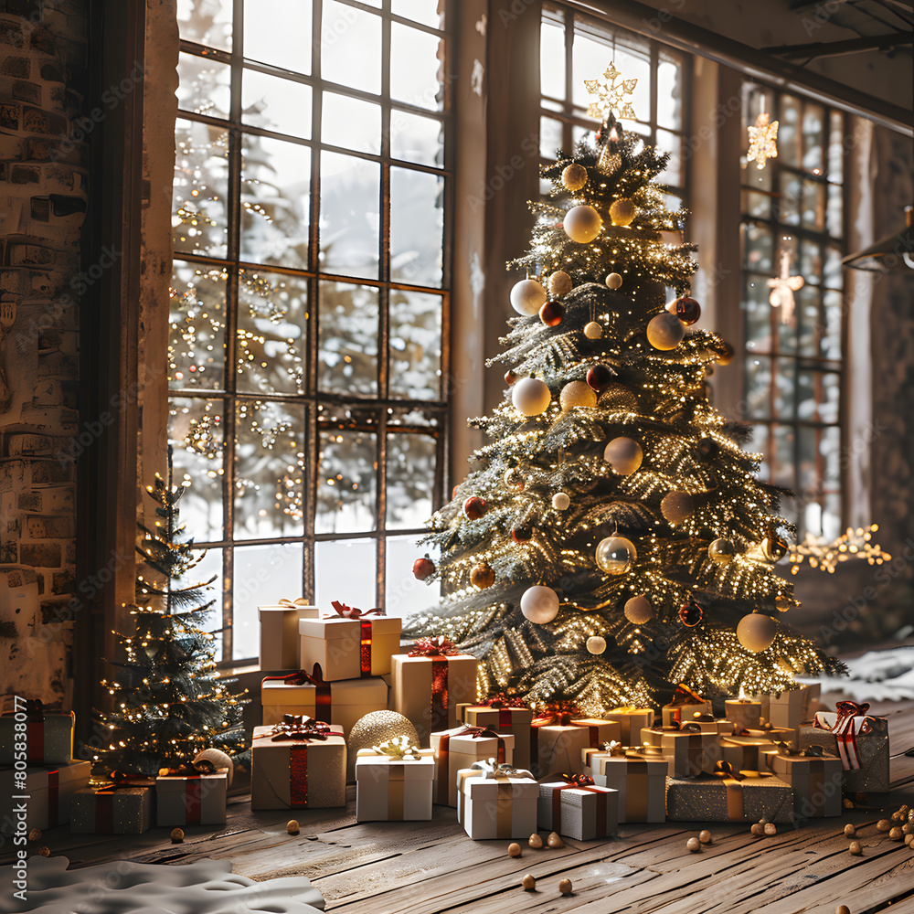 a christmas tree is surrounded by presents in a room with a lot of windows