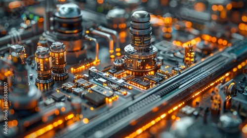 Inside a buzzing electronics assembly plant with tiny components, high detail photo