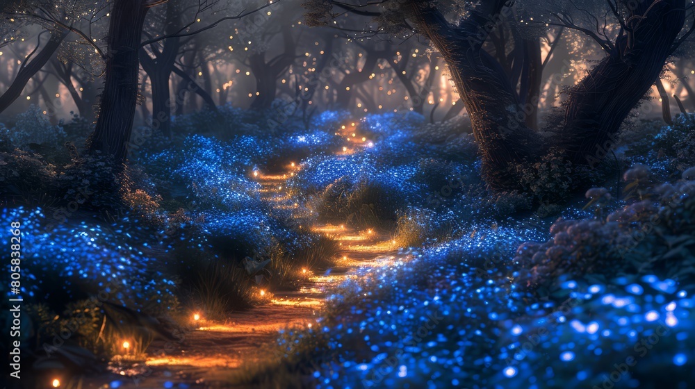 Enchanted forest path lined with bioluminescent plants