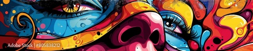 Vibrant Abstract Artwork Featuring Expressive Human Eyes and Colorful Patterns. Horizontal banner