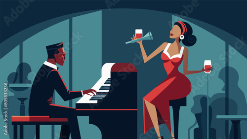 An elegant illustration of a jazz singer and her piano enticing passersby to come and experience a night of smooth tunes at the bar. Vector illustration